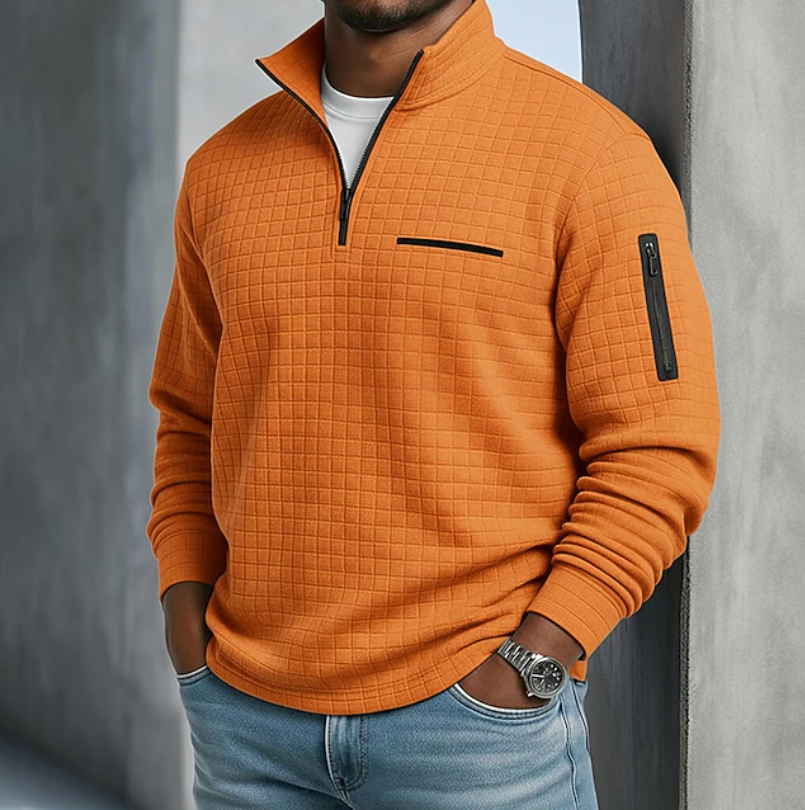 Marcus quarter zip waffle knit pullover in orange, front view