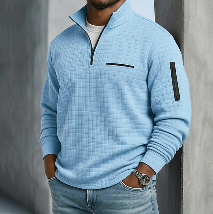 Marcus quarter zip waffle knit pullover in light blue, front view