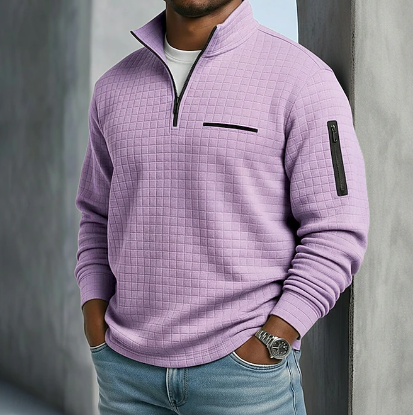 Marcus quarter zip waffle knit pullover in lavender, front view