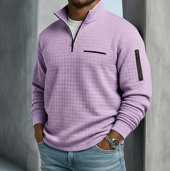 Marcus quarter zip waffle knit pullover in lavender, front view