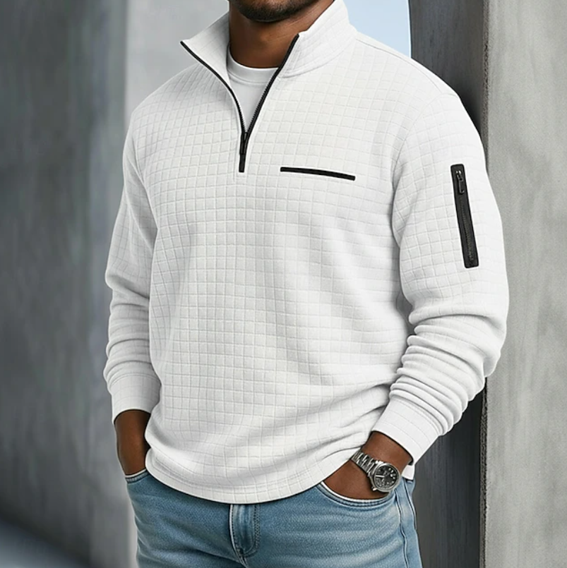 Marcus quarter zip waffle knit pullover in white, front view