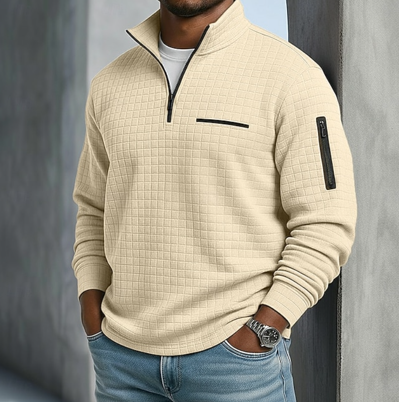 Marcus quarter zip waffle knit pullover in beige, front view