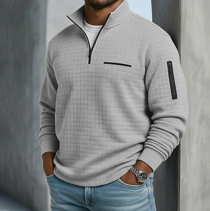 Marcus quarter zip waffle knit pullover in gray, front view