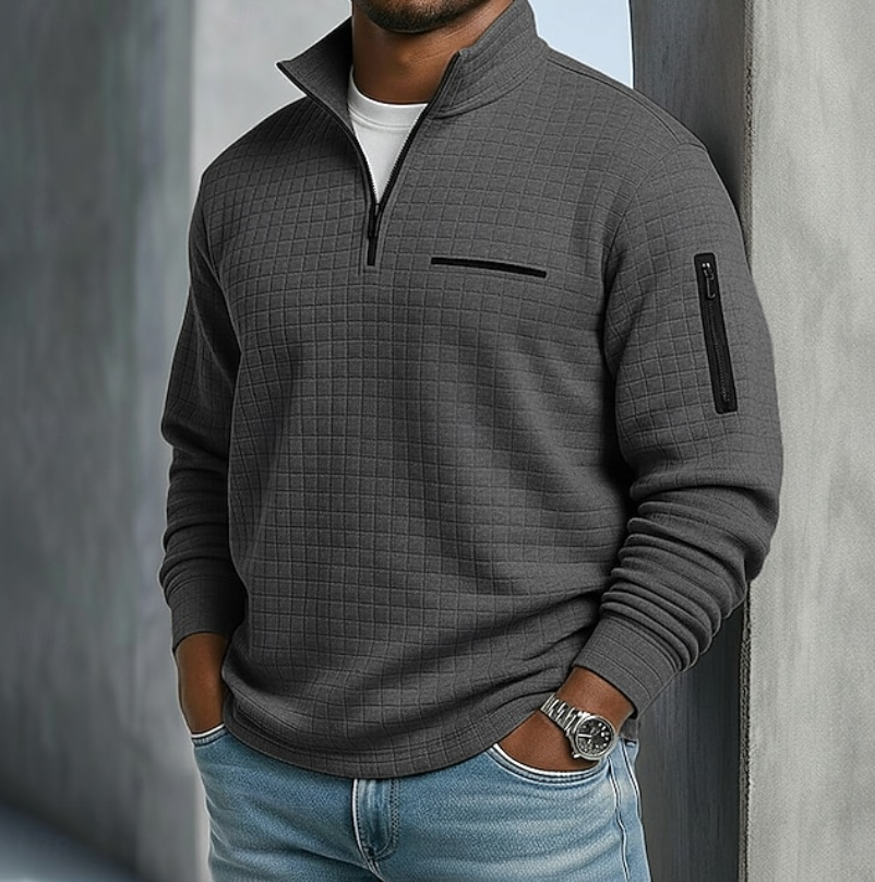 Marcus quarter zip waffle knit pullover in charcoal gray, front view