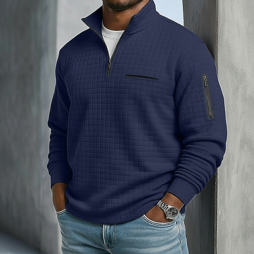 Marcus quarter zip waffle knit pullover in navy blue, front view