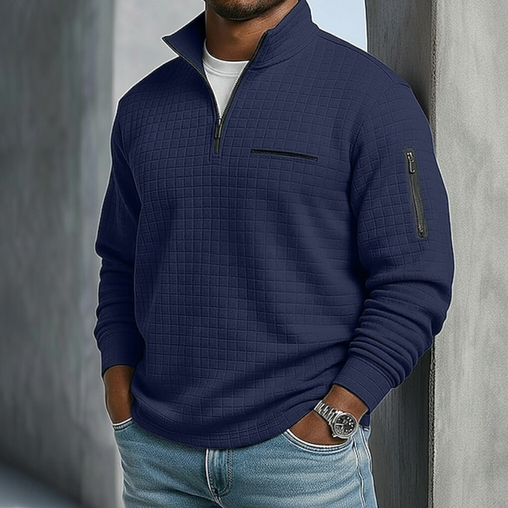 Marcus quarter zip waffle knit pullover in navy blue, front view