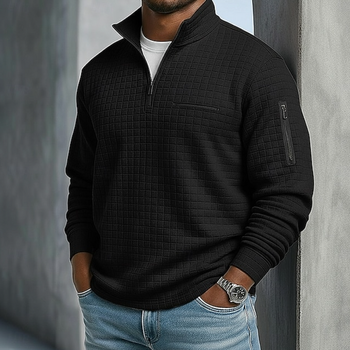 Marcus quarter zip waffle knit pullover in black, front view
