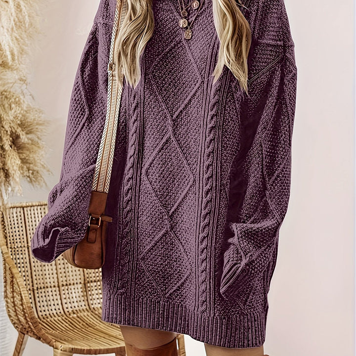 Marguerite cable-knit sweater dress with round neckline, close-up front view