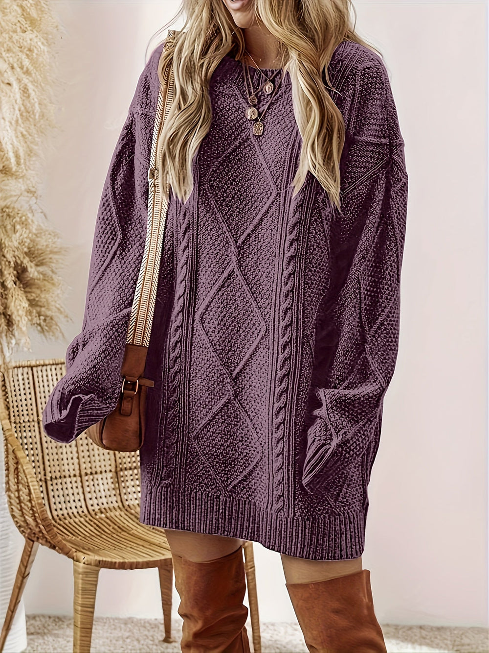 Marguerite oversized cable-knit sweater dress, full front view with crossbody bag