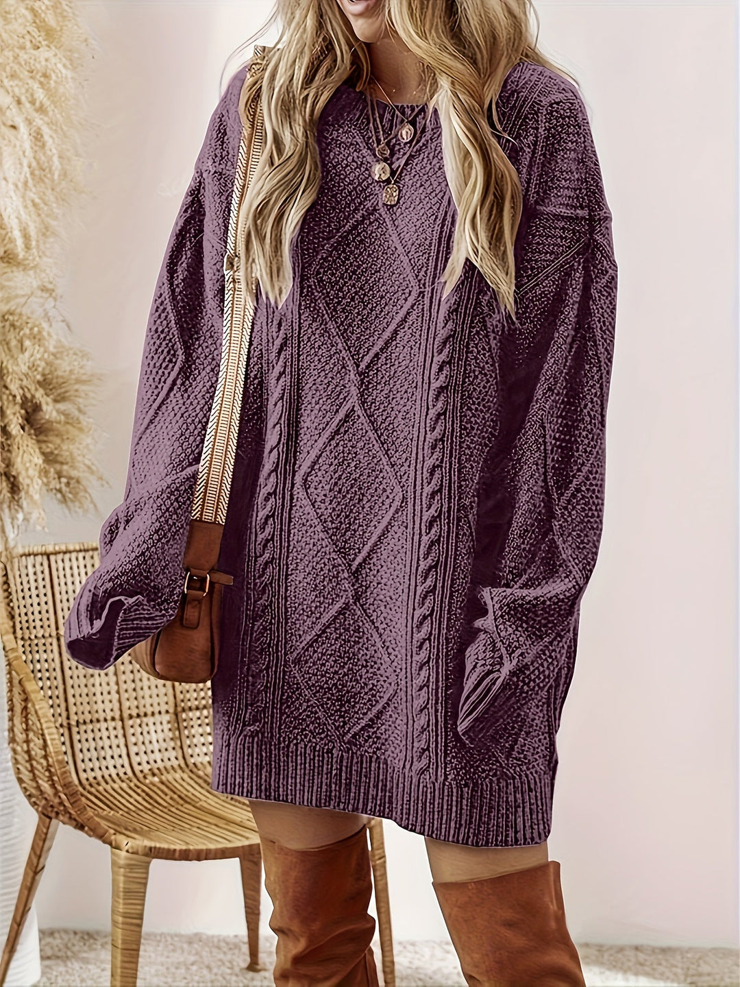 Marguerite oversized cable-knit sweater dress, full front view with crossbody bag