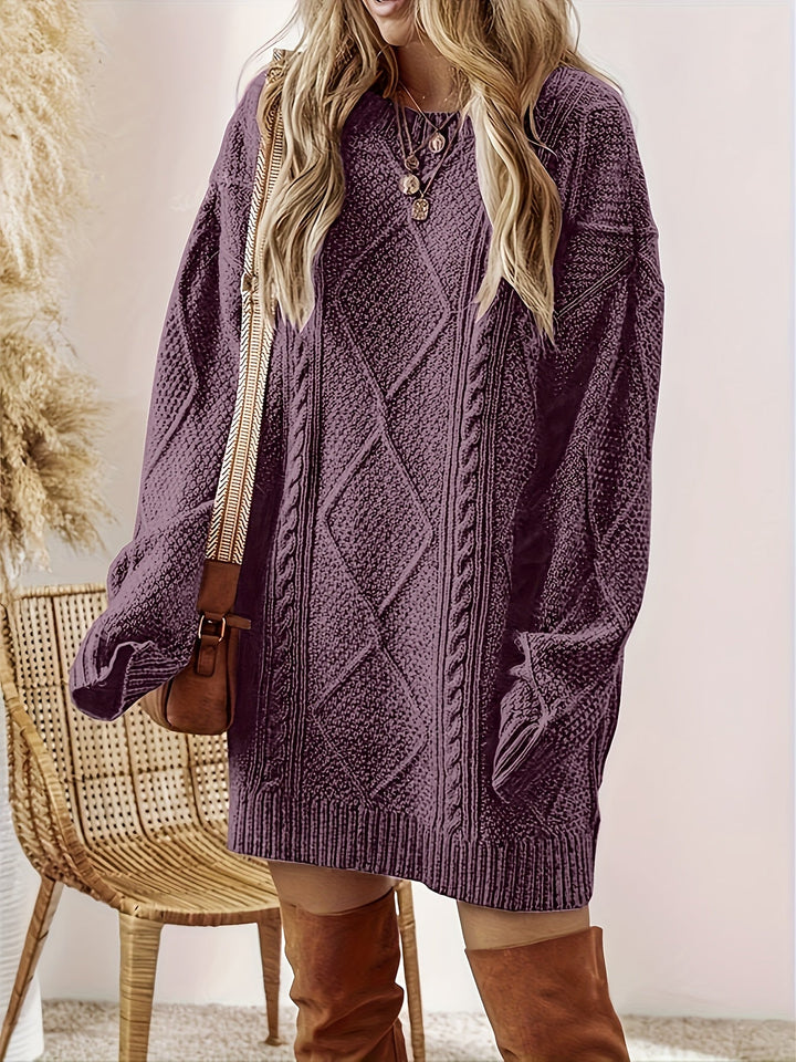 Marguerite oversized cable-knit sweater dress, full front view with crossbody bag