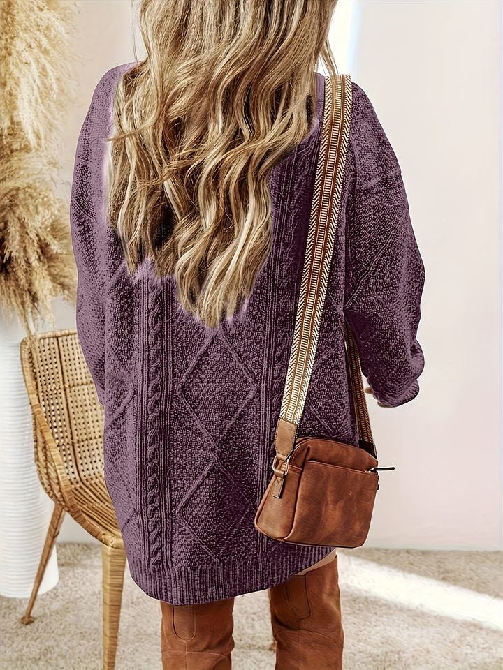 Marguerite cable-knit sweater dress, back view showing relaxed fit