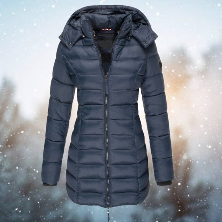 Marguerite navy blue long hooded puffer jacket, front view