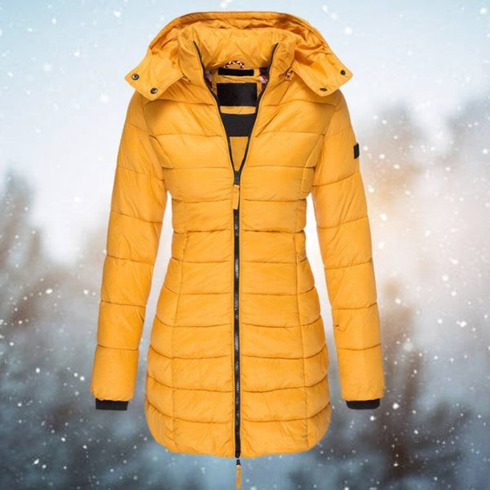 Marguerite yellow long hooded puffer jacket, front view