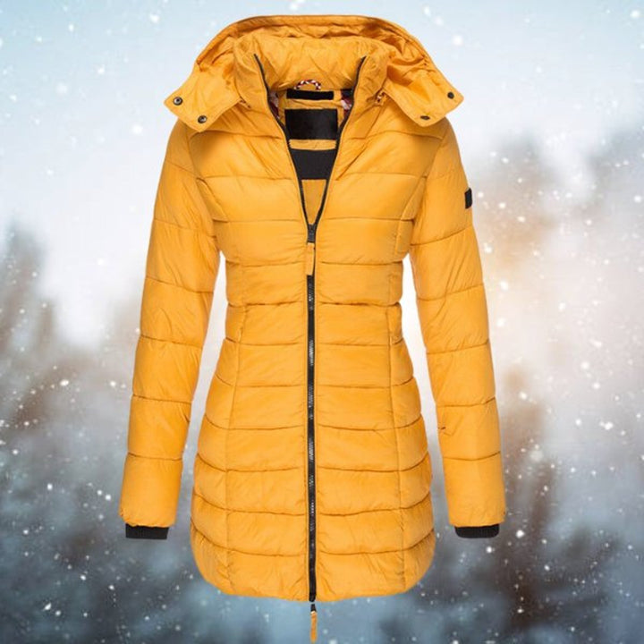 Marguerite yellow long hooded puffer jacket, front view
