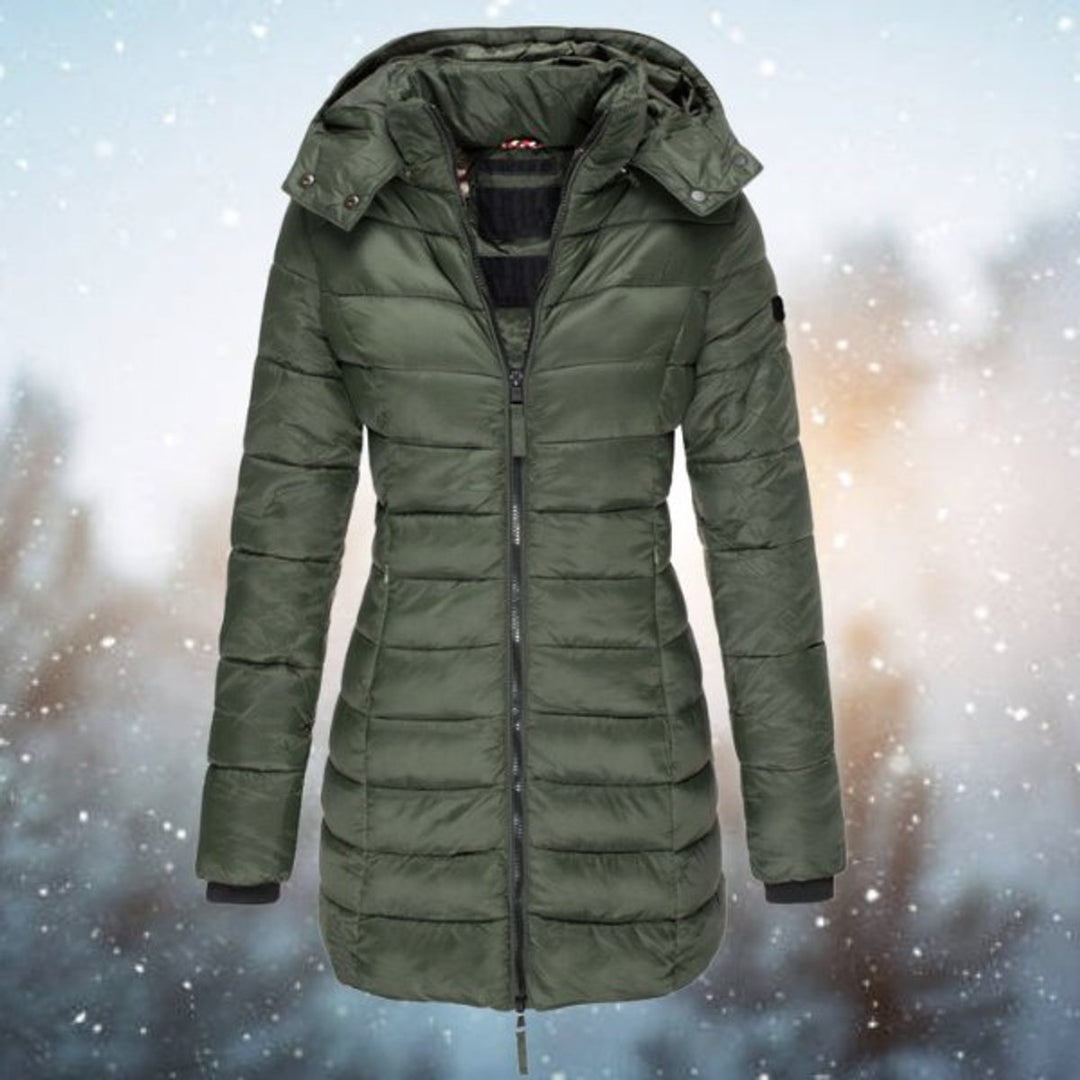 Marguerite khaki green long hooded puffer jacket, front view