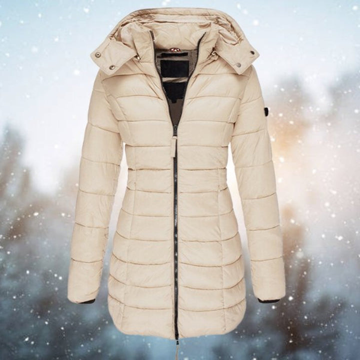 Marguerite cream long hooded puffer jacket, front view