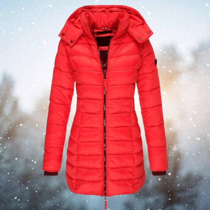 Marguerite cream long hooded puffer jacket, front view