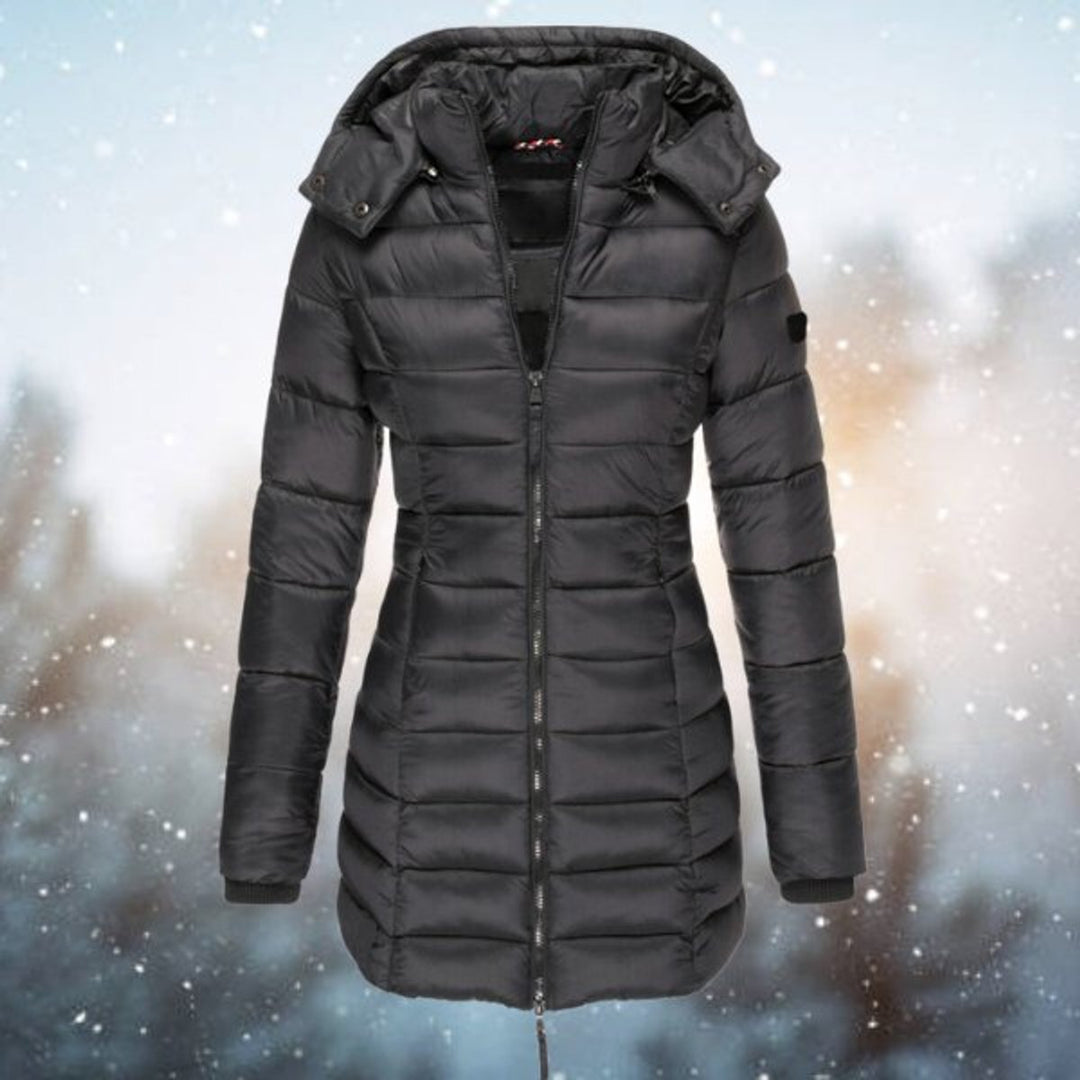 Marguerite cream long hooded puffer jacket, front view