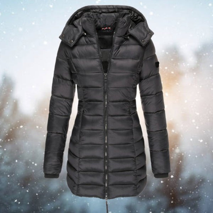 Marguerite cream long hooded puffer jacket, front view