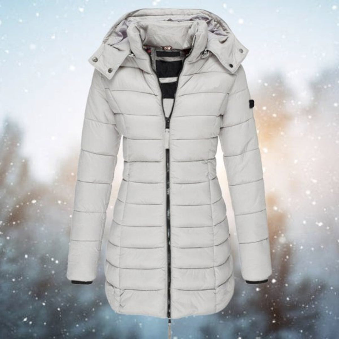 Marguerite cream long hooded puffer jacket, front view