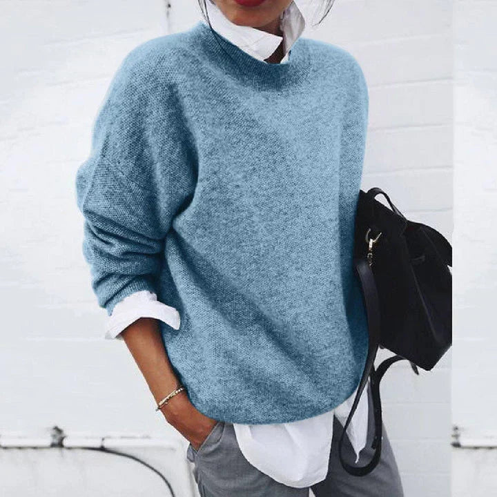 Marguerite oversized mock neck sweater in blue, front view
