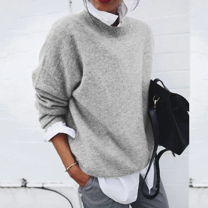 Marguerite oversized mock neck sweater in light gray, front view