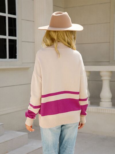 Marigold colorblock quarter zip sweater in brown, back view