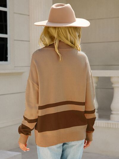 Marigold colorblock quarter zip sweater in brown, back view