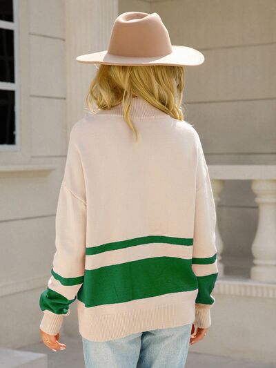 Marigold colorblock quarter zip sweater in brown, back view