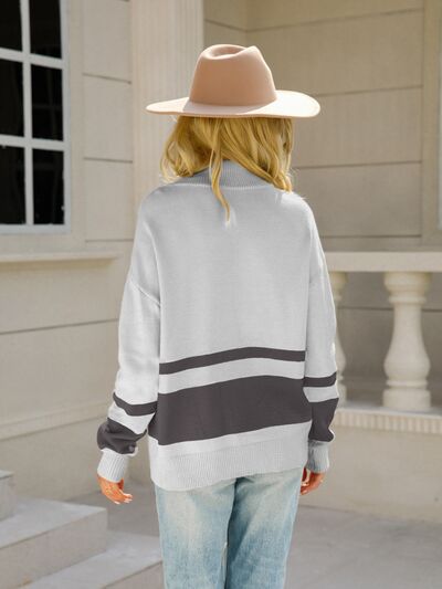 Marigold colorblock quarter zip sweater in brown, back view