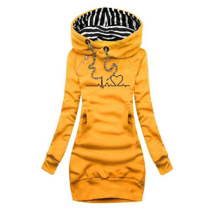 Marisela heartbeat print hooded sweater dress in yellow, front view