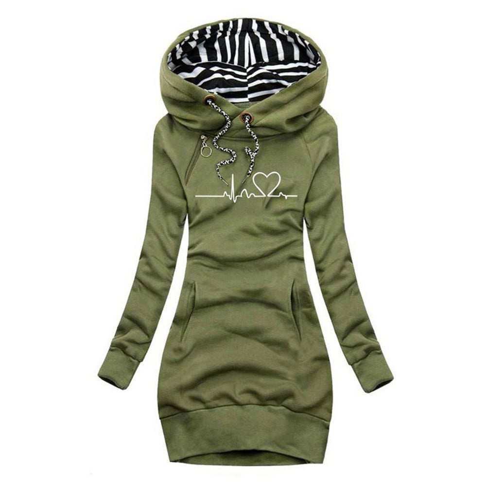 Marisela heartbeat print hooded sweater dress in green, front view