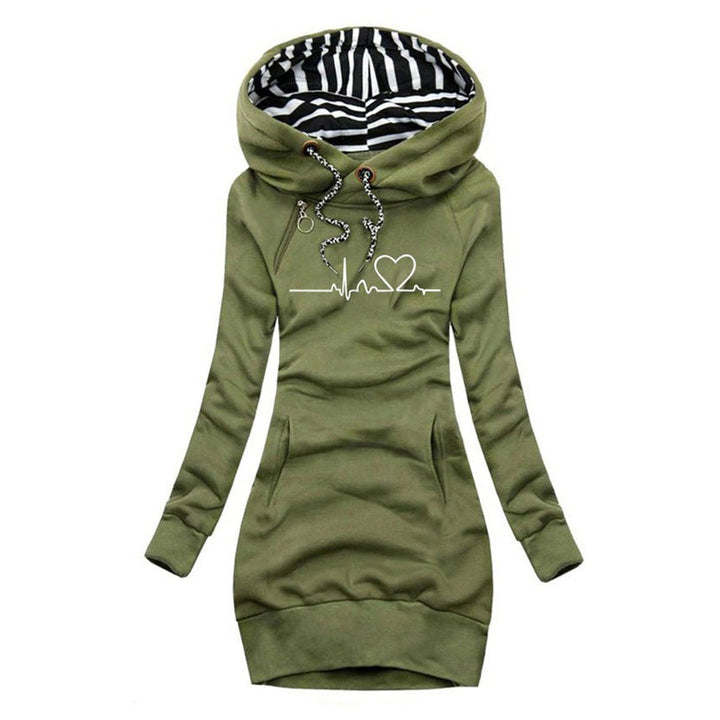 Marisela heartbeat print hooded sweater dress in green, front view