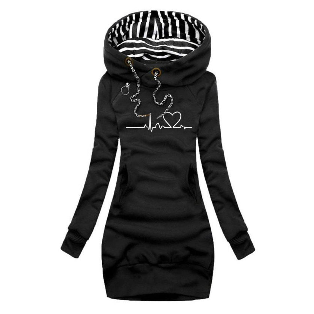 Marisela heartbeat print hooded sweater dress in black, front view