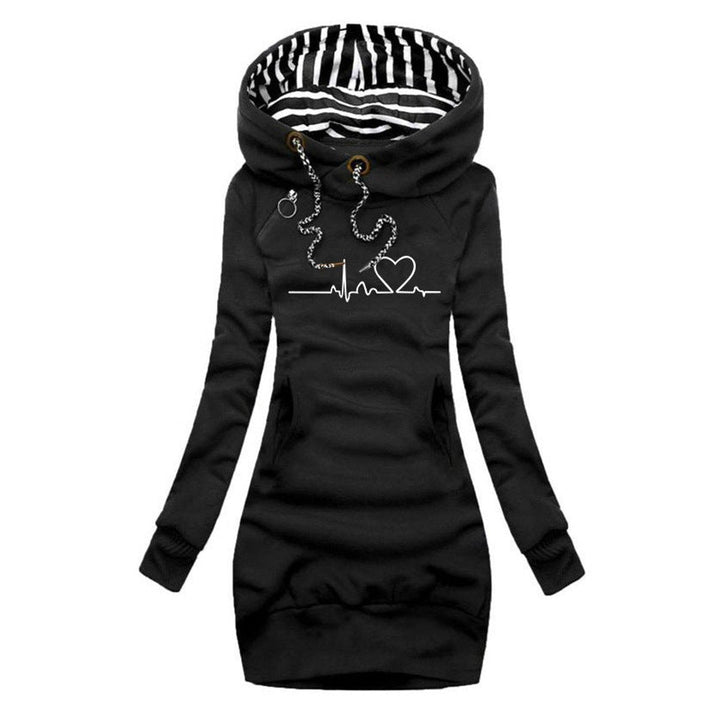 Marisela heartbeat print hooded sweater dress in black, front view