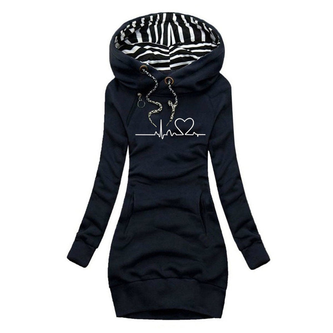 Marisela heartbeat print hooded sweater dress in navy, front view