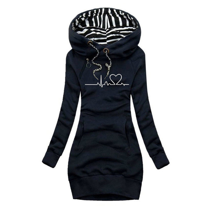 Marisela heartbeat print hooded sweater dress in navy, front view