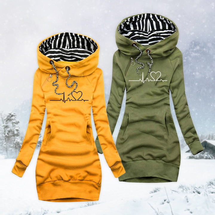 Marisela heartbeat print hooded sweater dress in navy, front view