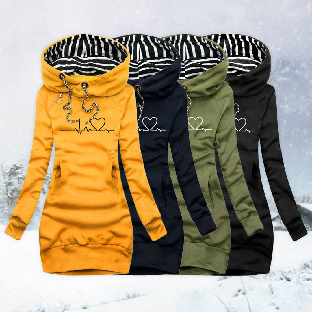 Marisela heartbeat print hooded sweater dress in navy, front view