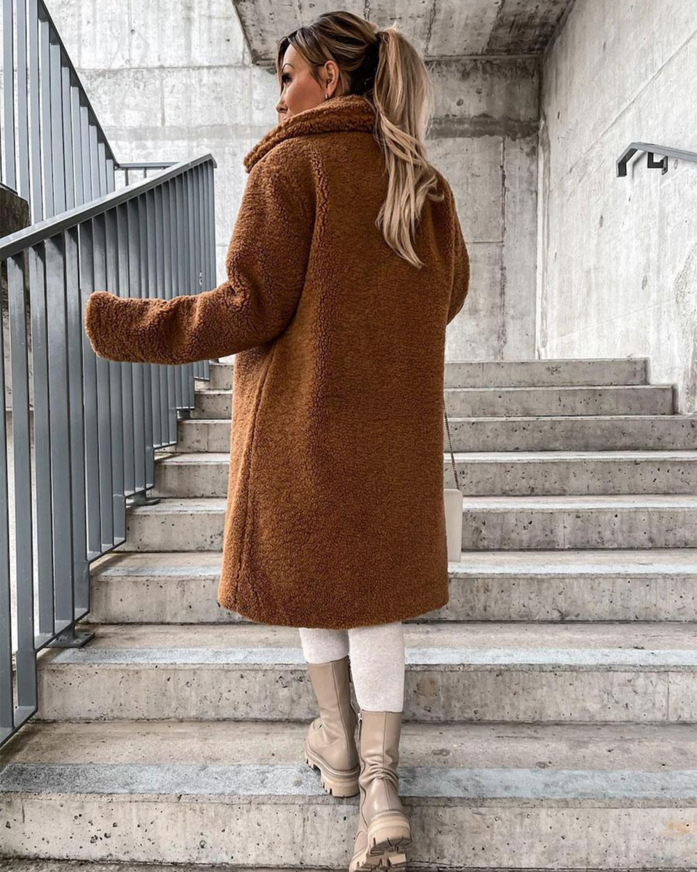 Marisol longline teddy coat, back view showing collar and hem