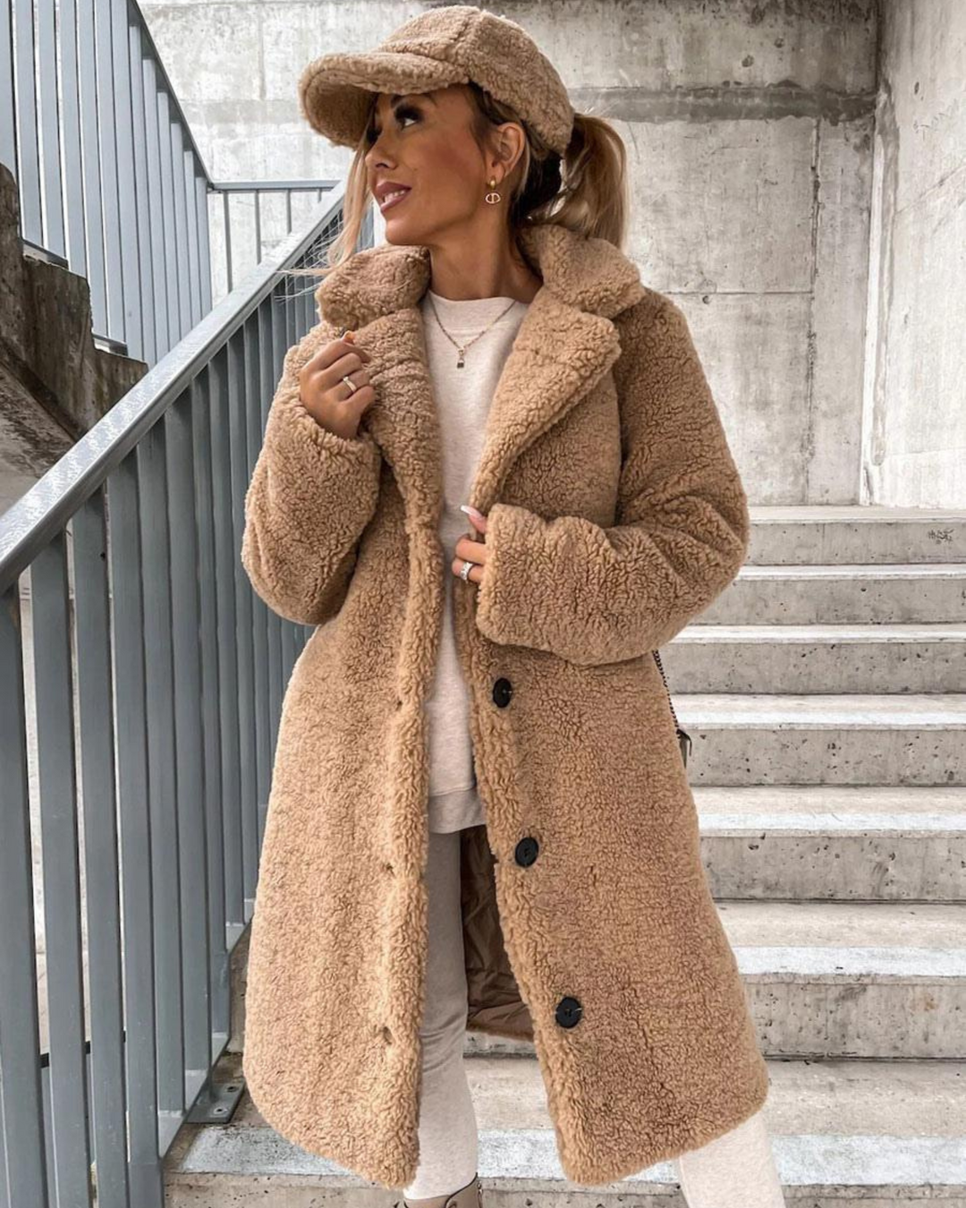 Marisol teddy coat styled with matching cap, front view