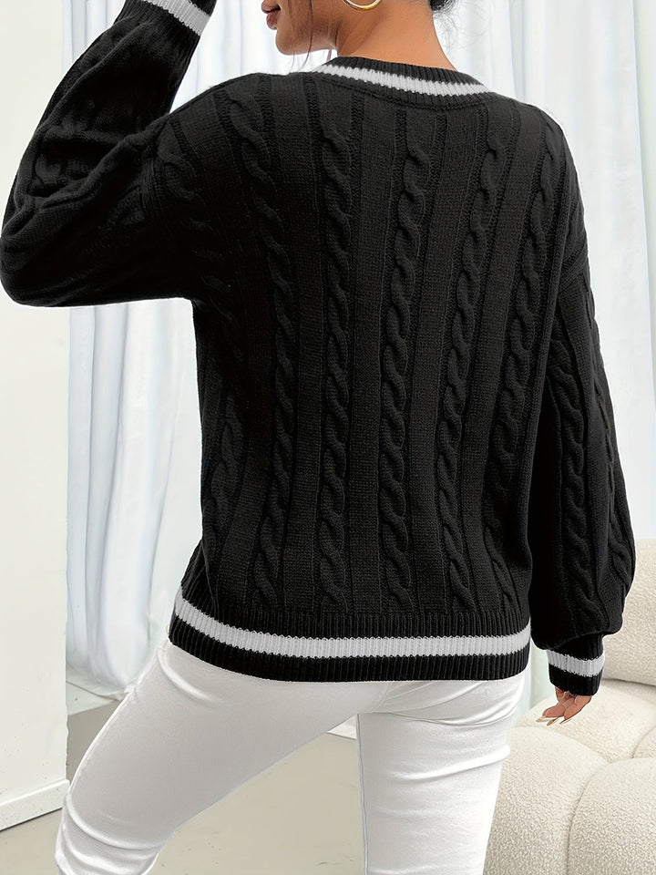 Marlowe V-neck sweater styled with white pants, front view
