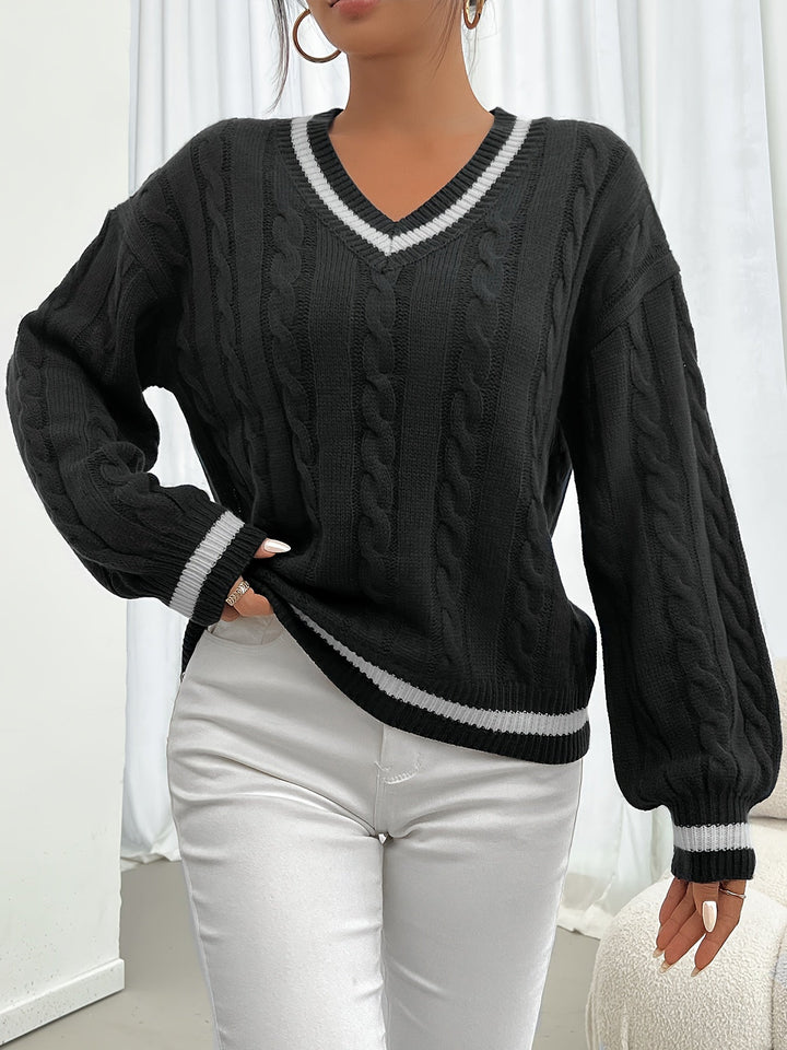 Marlowe V-neck sweater styled with white pants, front view