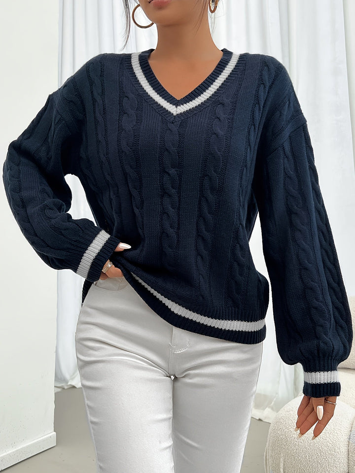 Marlowe V-neck sweater styled with white pants, front view