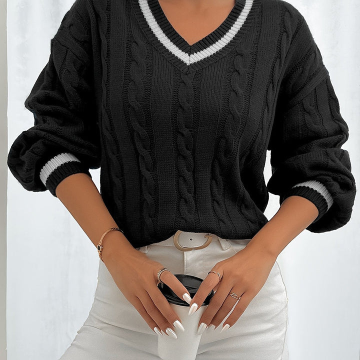 Marlowe V-neck sweater styled with white pants, front view
