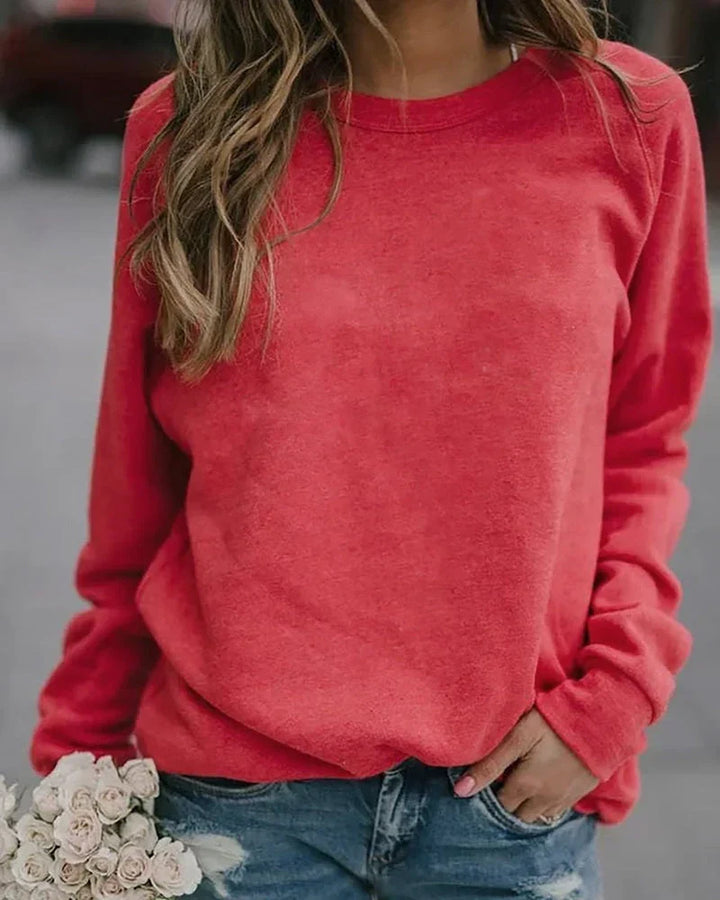 Marlowe crew neck long sleeve sweater in red, front view close-up