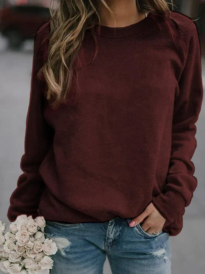 Marlowe crew neck long sleeve sweater in burgundy, front view close-up
