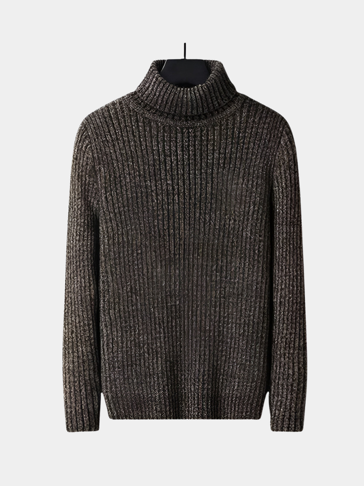 Maxwell ribbed turtleneck sweater, front view on hanger