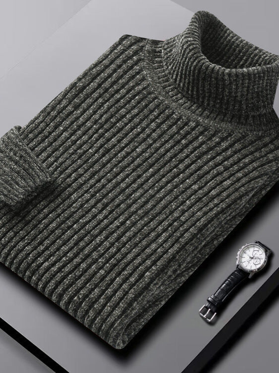 Maxwell ribbed turtleneck sweater, beige colorway folded with watch